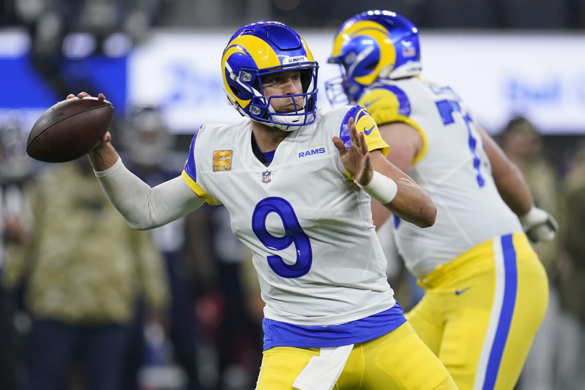Los Angeles Rams quarterback Matthew Stafford throws a pass during the first half of an NFL football game against the Tennessee Titans, Sunday, Nov. 7, 2021, in Inglewood, Calif. (AP Photo/Marcio Jose Sanchez)