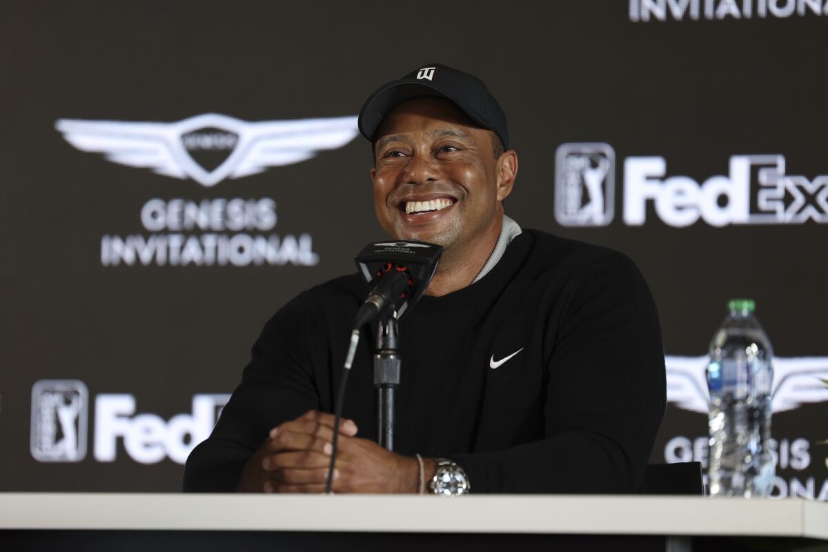Tiger Woods speaks during a news conference Wednesday at Riviera Country Club ahead of the Genesis Invitational. 