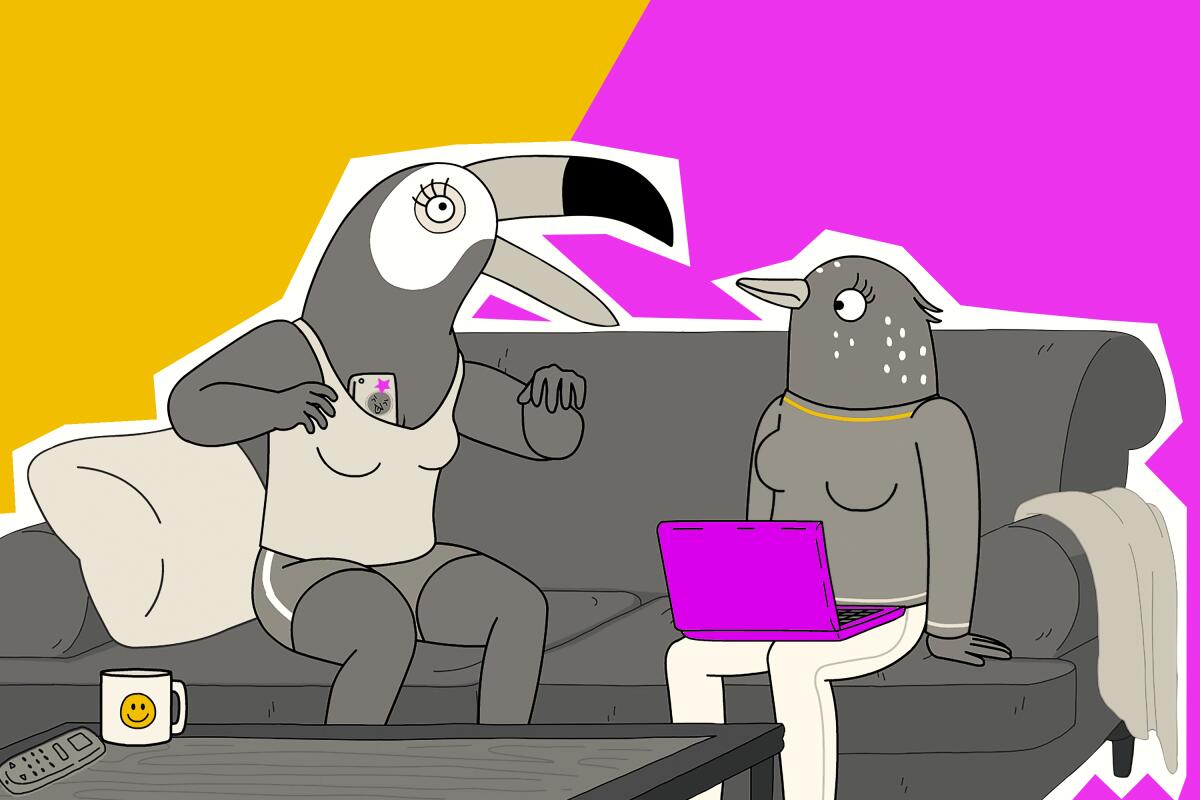 Two animated birds chatting on a couch.