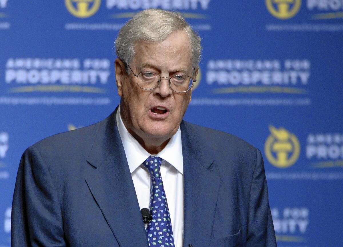 A web of organizations tied to conservative billionaires David Koch and his brother poured $15 million into California in 2012 to fight Gov. Jerry Brown's tax hike and support an ultimately unsuccessful move to curtail unions' political power.