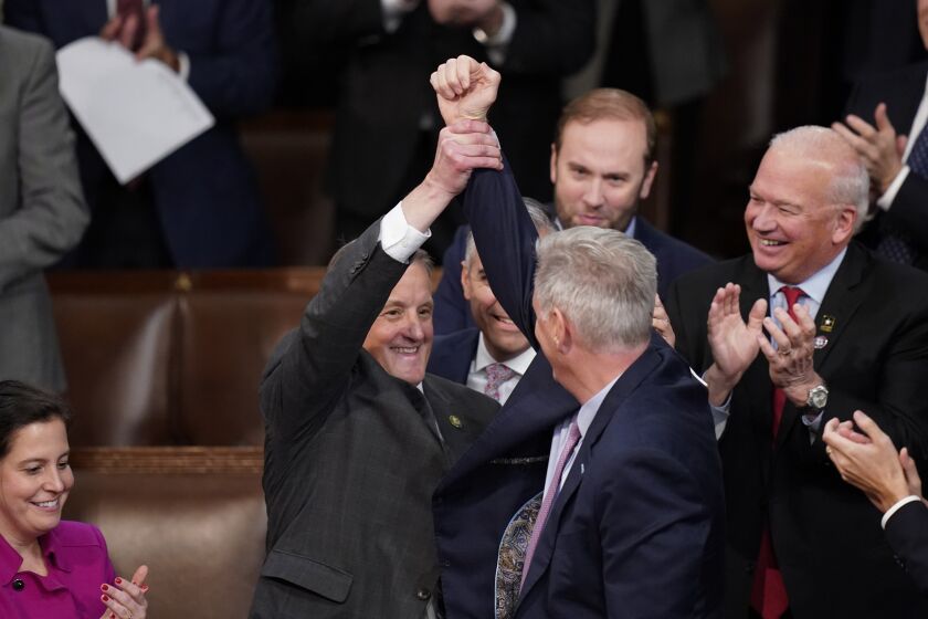 Rep. Kevin McCarthy, R-Calif., reacts after winning the 15th vote in the House chamber as the House enters the fifth day trying to elect a speaker and convene the 118th Congress in Washington, early Saturday, Jan. 7, 2023. (AP Photo/Alex Brandon)
