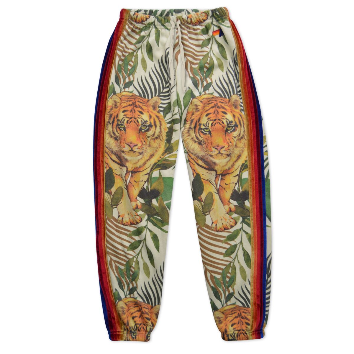Sweatpants with a tiger-and-leaf design