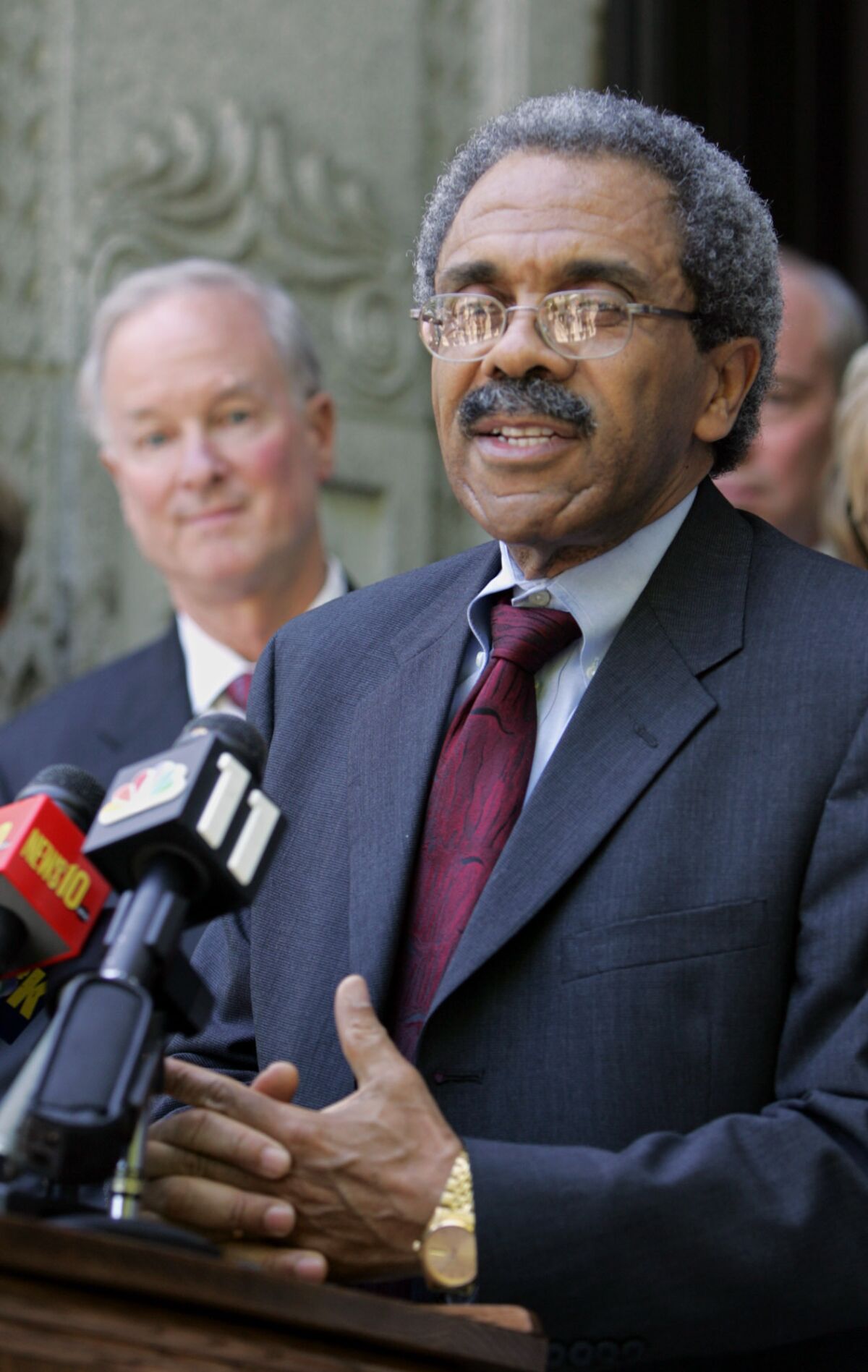 FILE - Justice Vance Raye, of the Third District Court of Appeal, speaks during a news conference held on Tuesday, May 24, 2005, in Sacramento, Calif. In a settlement agreement with the Commission on Judicial Performance, released Wednesday, June, 1, 2022, Raye has agreed to retire from his office and receive a public admonishment for engaging in a pattern of delay in deciding approximately 200 appellate matters over a 10-year period. (AP Photo/Rich Pedroncelli, File)