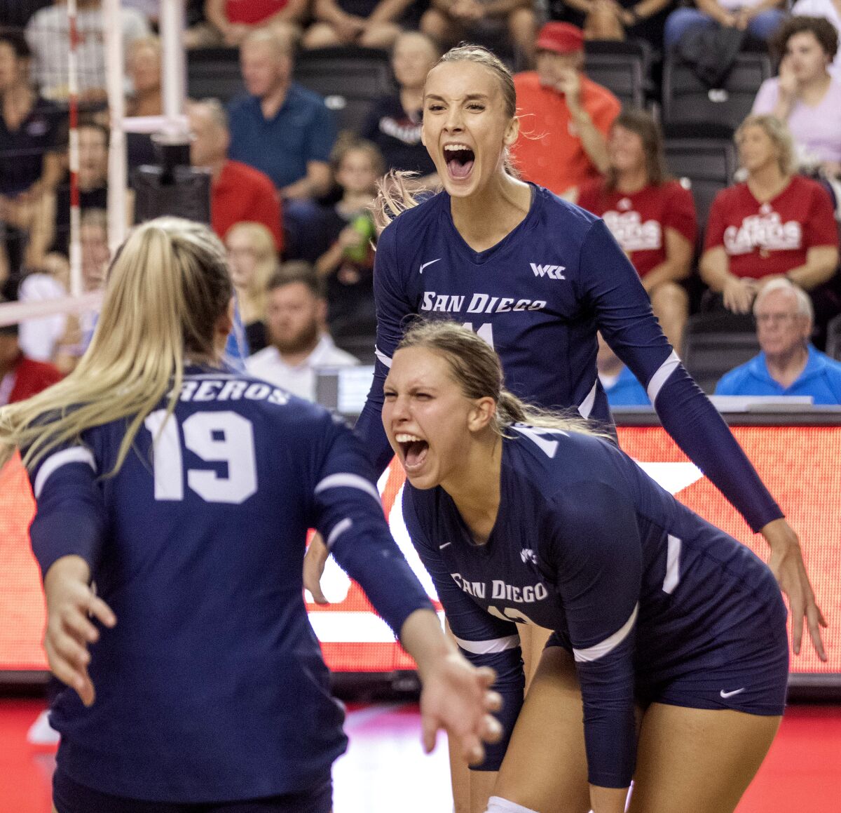 USD setter Gabby Blossom (bottom, right) has been just what the Toreros needed to rise to an elite level this season.