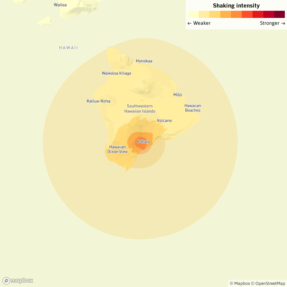 Hawaiian Big Island map shows earthquake epicenter.