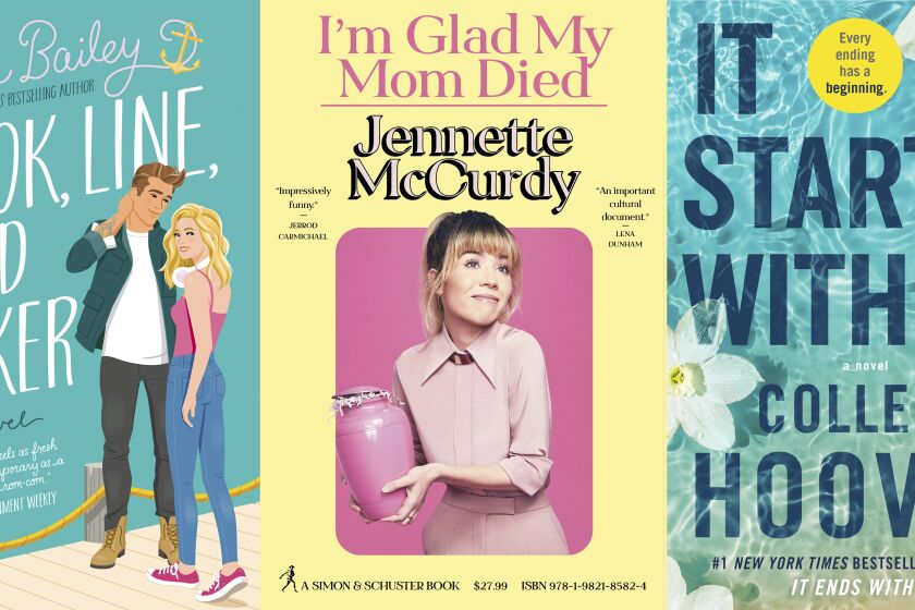 This combination of images shows book cover art for 2022 releases "Hook, Line and Sinker" by Tessa Bailey, "I'm Glad My Mom Died," a memoir by Jennette McCurdy, and "It Starts with Us" by Colleen Hoover. (Avon/Simon & Schuster/Atria via AP)