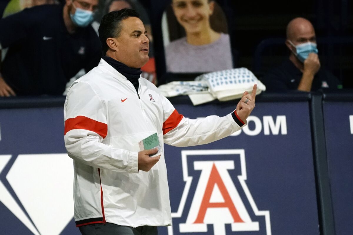 Arizona head coach Sean Miller reacts to a play against Colorado.