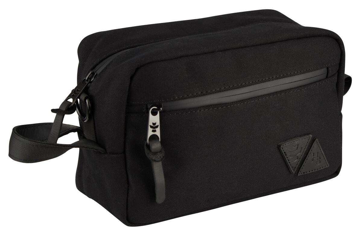A rectangular black bag with a side-zippered pouch.
