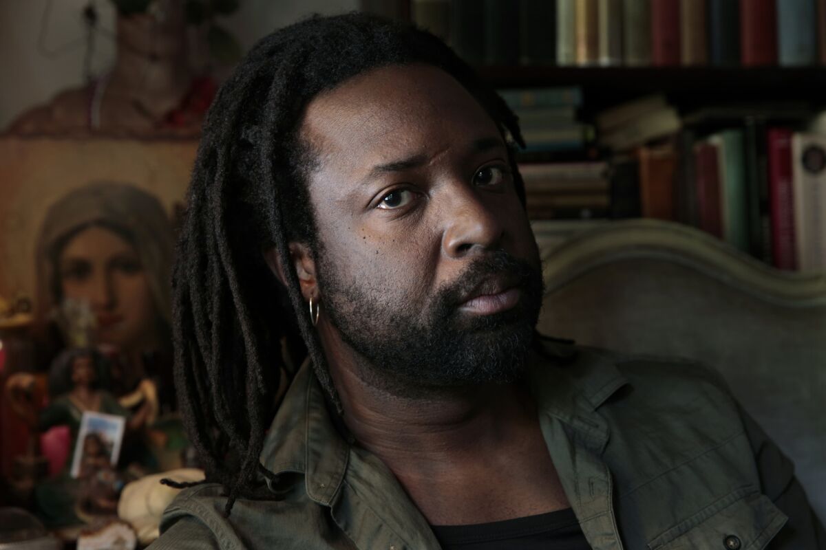 Author Marlon James at Jumel Terrace Books, in Harlem, the setting for a scene in his book.