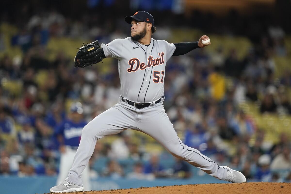 Detroit Tigers starting pitcher Eduardo Rodriguez delivers during the second inning Monday at Dodger Stadium.