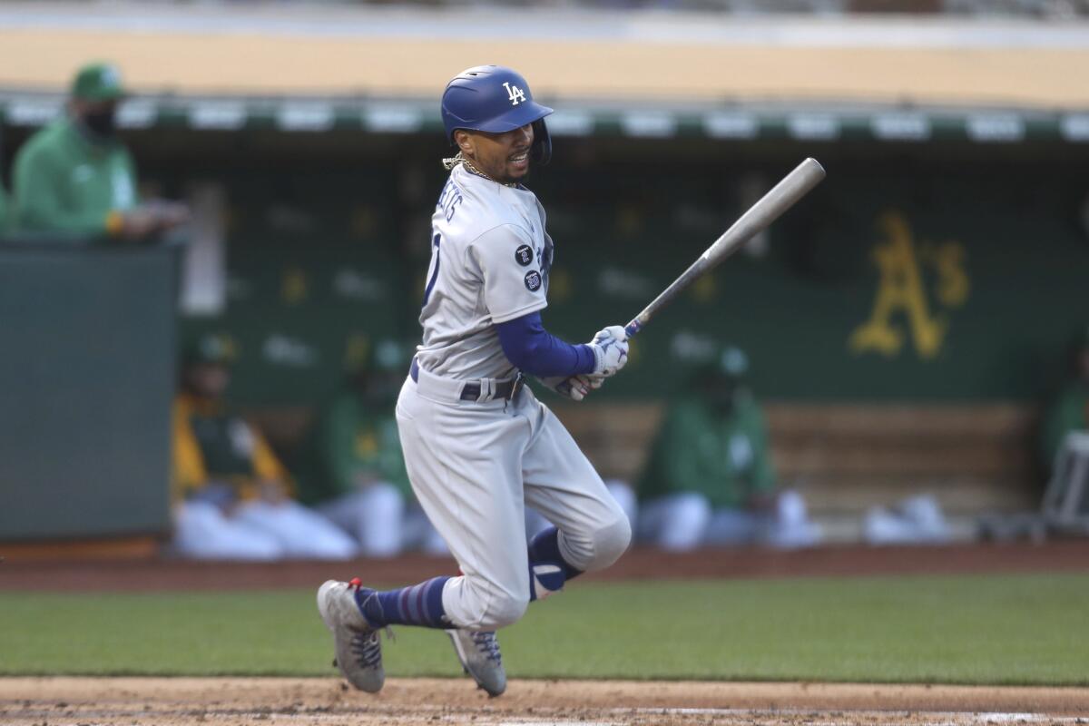 Los Angeles Dodgers' Mookie Betts against the Oakland Athletics during the first inning.