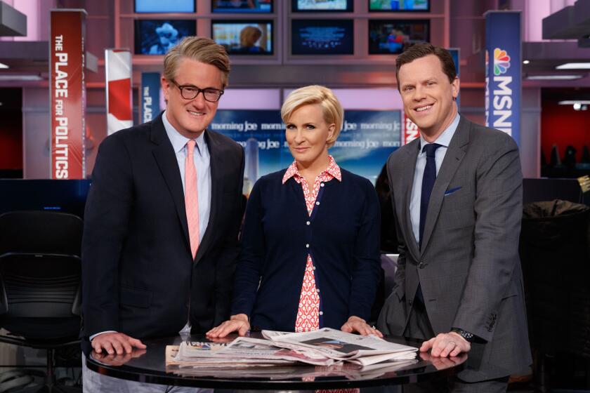(L-R) Co-hosts Joe Scarborough, Mika Brzezinski and Wlllie Geist from the show "Morning Joe" on MSNBC.