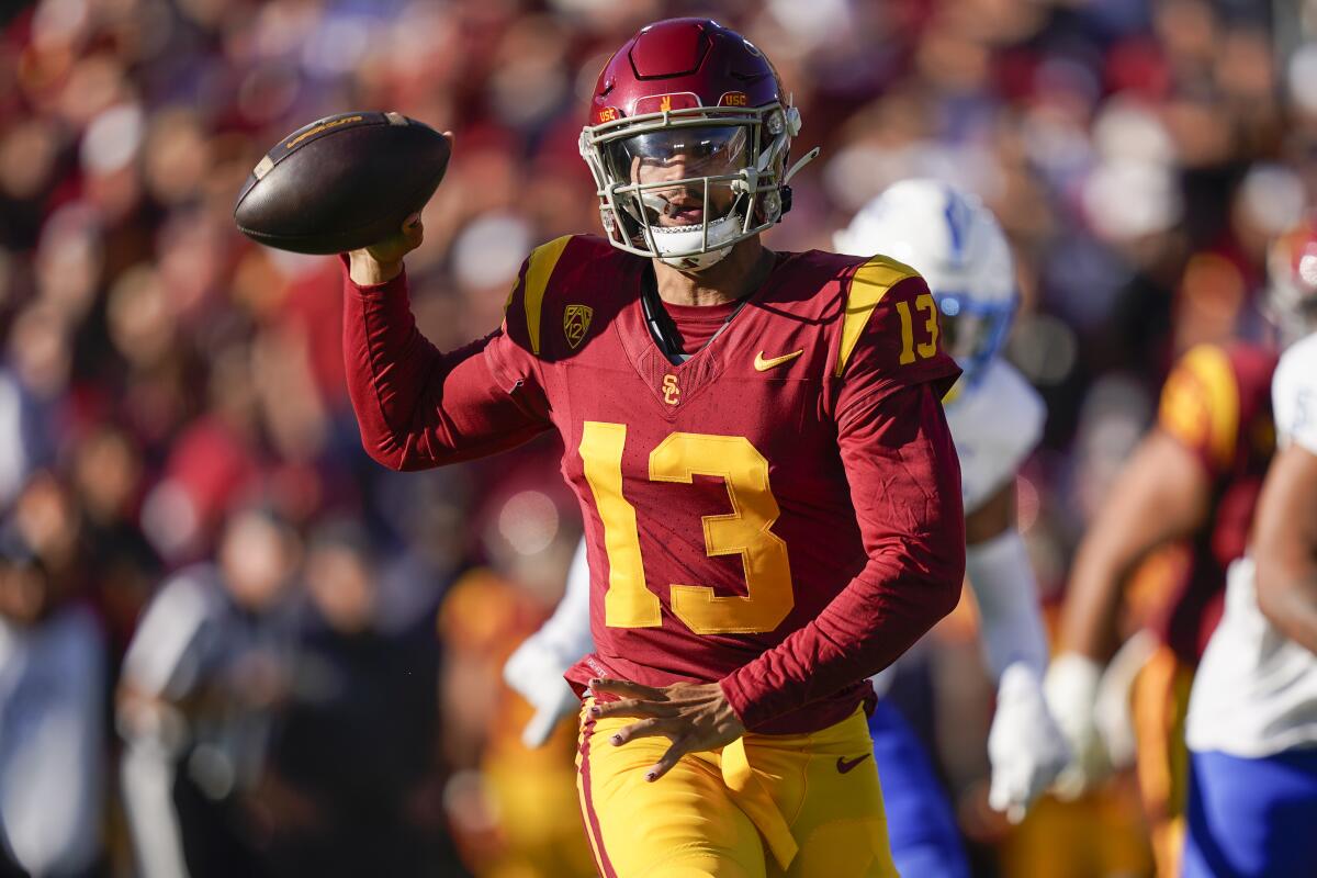 USC quarterback Caleb Williams looks to pass during the first half Saturday.