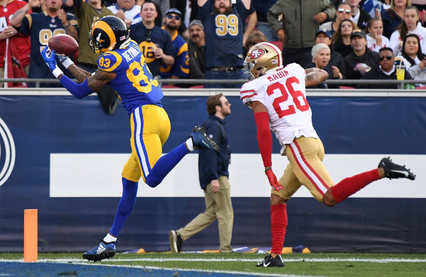 Rams receiver Josh Reynolds catches a touchdown pass in front of 49ers defensive back Greg Mabin.