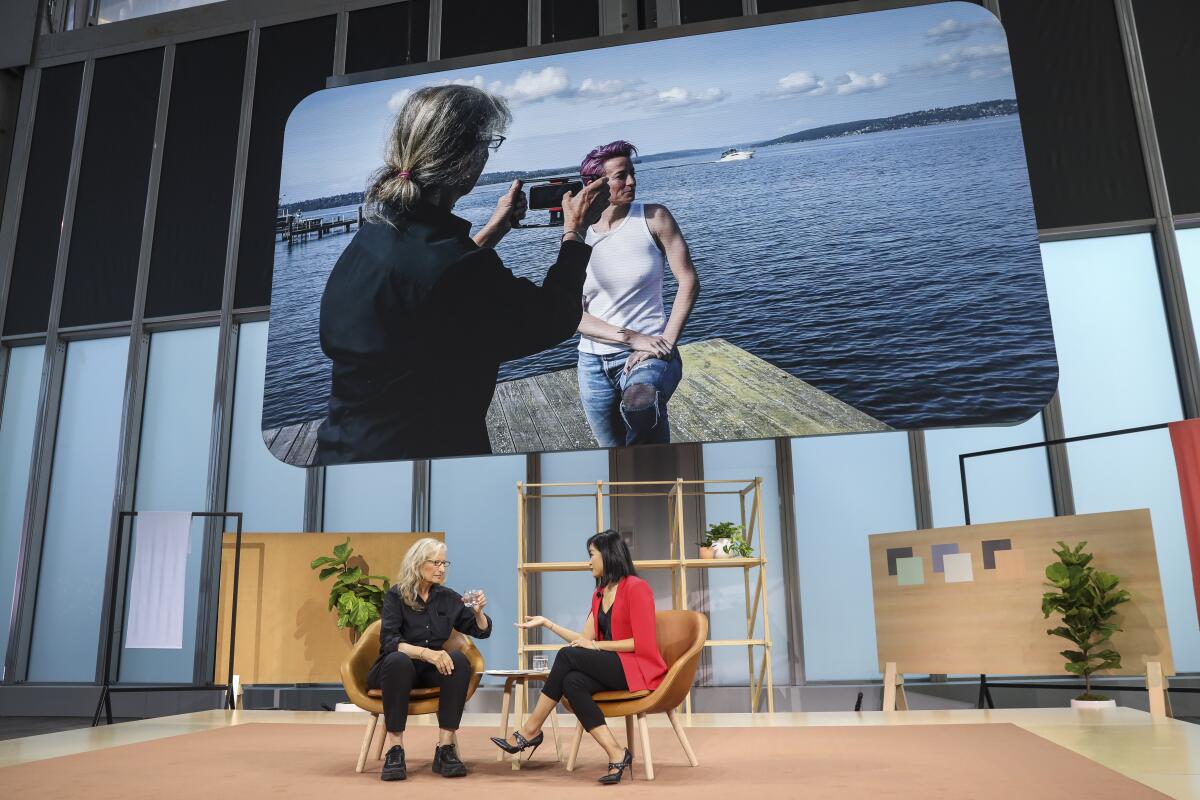 Photographer Annie Leibovitz, left, discusses the new camera features on the new Google Pixel 4 smartphone during a Google launch event in New York City.