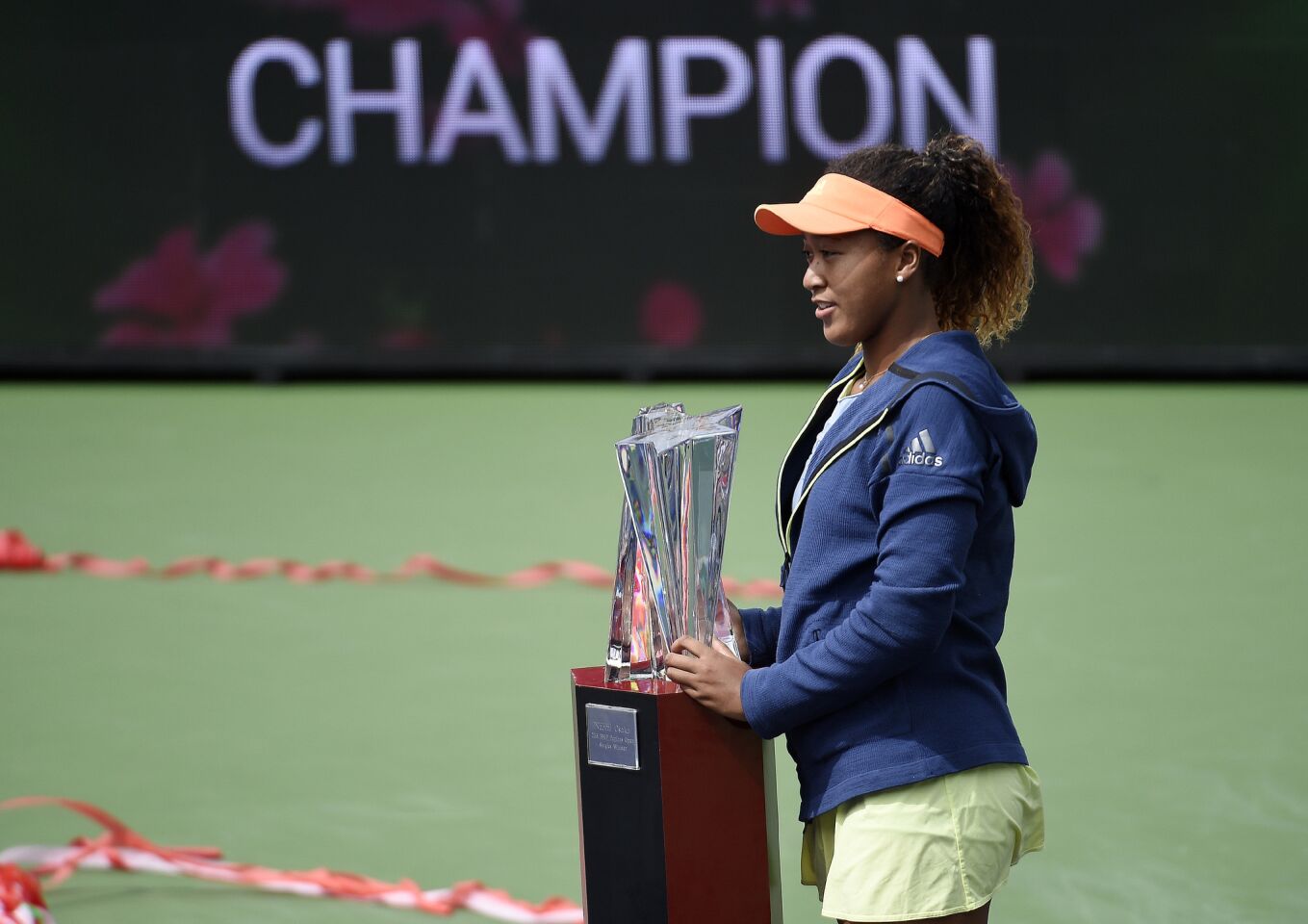 INDIAN WELLS, CA - MARCH 18: Naomi Osaka of Japan poses with the championship trophy after defeating Daria Kasatkina of Russia during the women's final on Day 14 of BNP Paribas Open on March 18, 2018 in Indian Wells, California. (Photo by Kevork Djansezian/Getty Images) ** OUTS - ELSENT, FPG, CM - OUTS * NM, PH, VA if sourced by CT, LA or MoD **