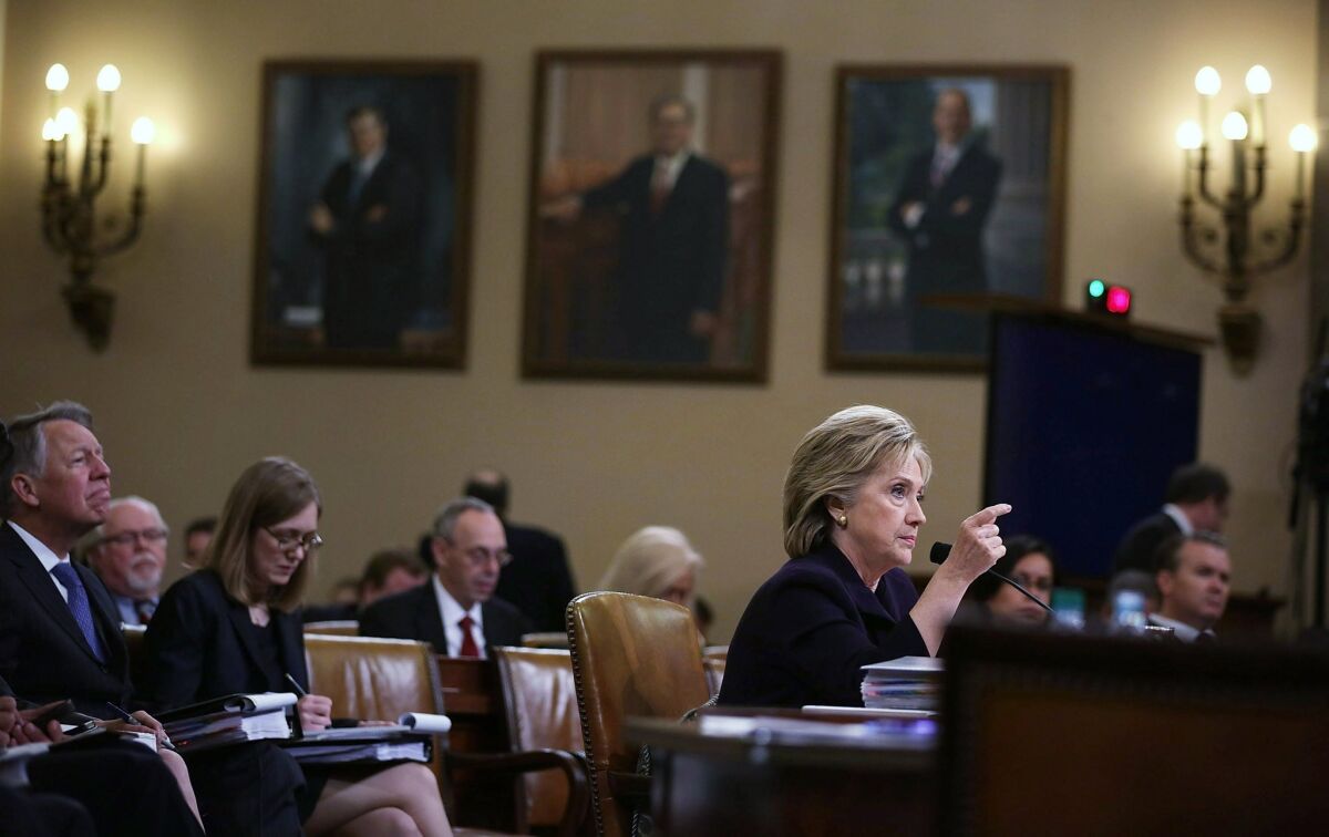 WASHINGTON, DC - OCTOBER 22: Democratic presidential candidate and former Secretary of State Hillary Clinton testifies before the House Select Committee on Benghazi October 22, 2015 on Capitol Hill in Washington, DC. The committee held a hearing to continue its investigation on the attack that killed Ambassador Chris Stevens and three other Americans at the diplomatic compound in Benghazi, Libya, on the evening of September 11, 2012. (Photo by Alex Wong/Getty Images) ** OUTS - ELSENT, FPG, CM - OUTS * NM, PH, VA if sourced by CT, LA or MoD **