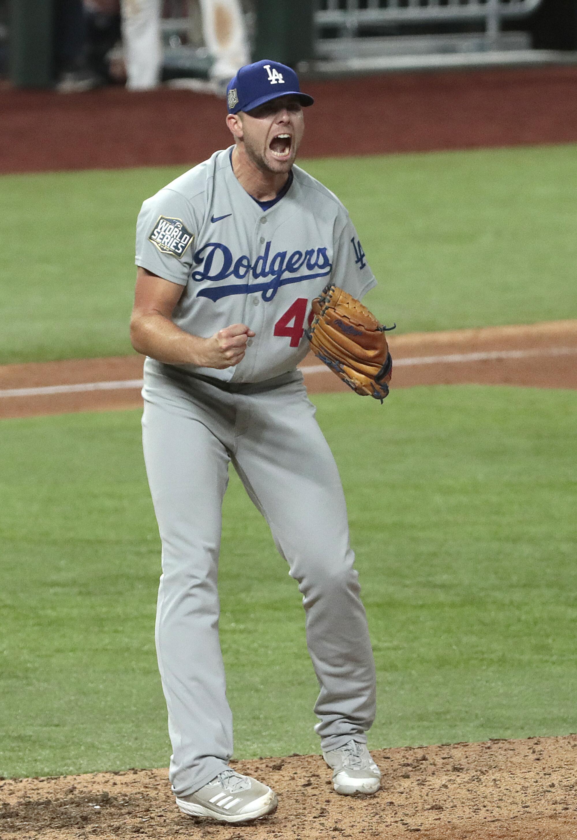 Blake Treinen reacts after getting the final out for the Dodgers in Game 5 of the World Series.