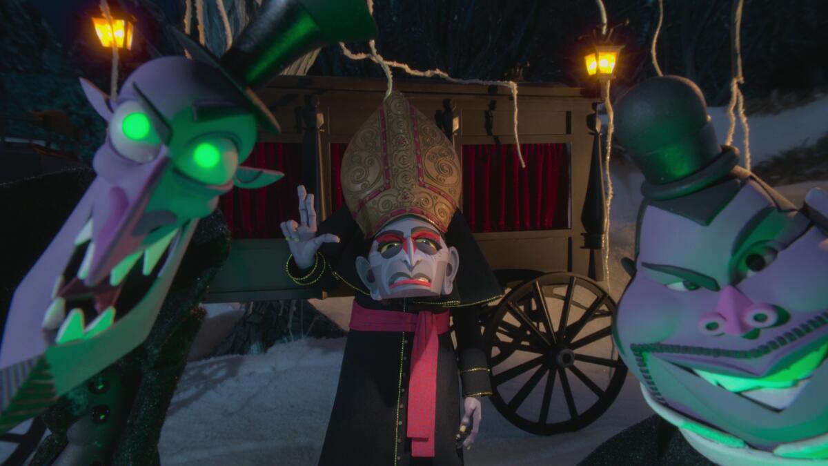 Animated demons flank an undead priest in the stop-motion "Wendell & Wild"