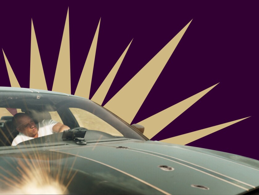 A man driving a car with sparks flying in the background