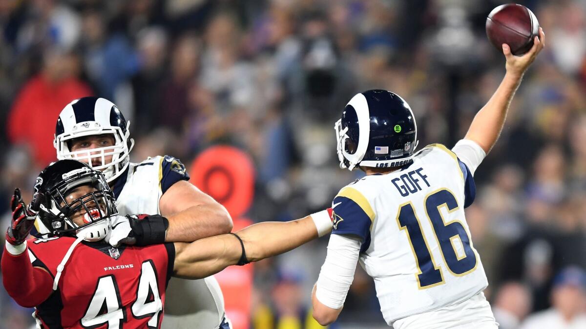 Rams quarterback Jared Goff gets off a pass despite defensive pressure from Falcons linebacker Vic Beasley Jr.