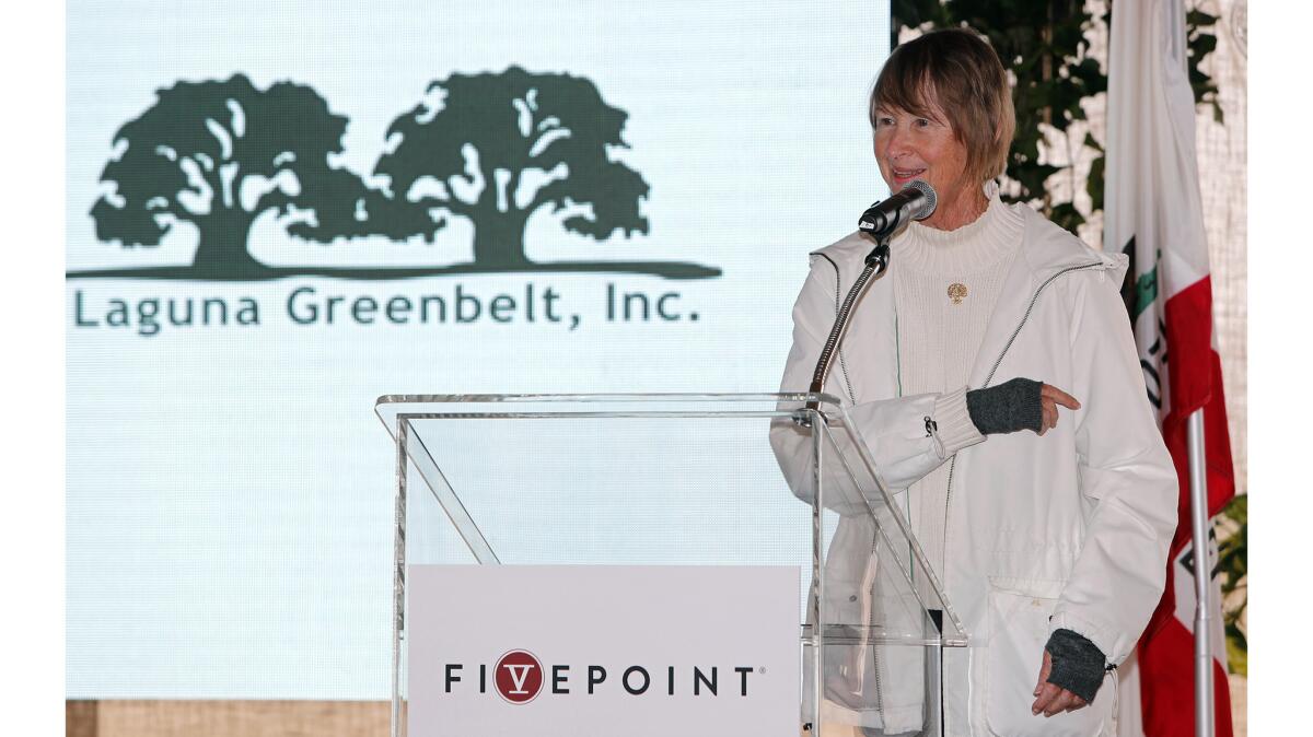 Elisabeth Brown, former Laguna Greenbelt, Inc. president, speaks during an event for the Irvine Wildlife Corridor at Orange County Great Park in Irvine in 2018.
