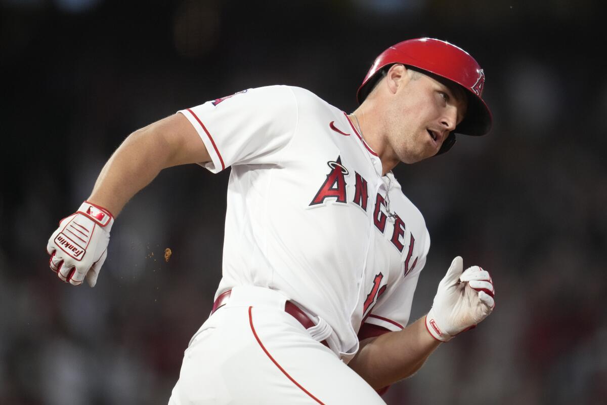 Hunter Renfroe rounds the bases after hitting a home run for the Angels in the sixth inning April 22, 2023.