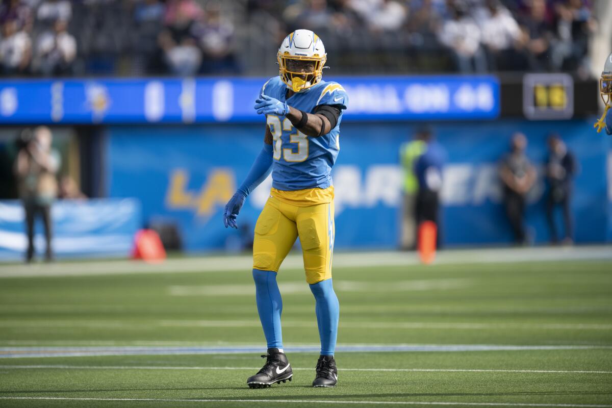 Chargers free safety Derwin James gestures during Sunday's game.