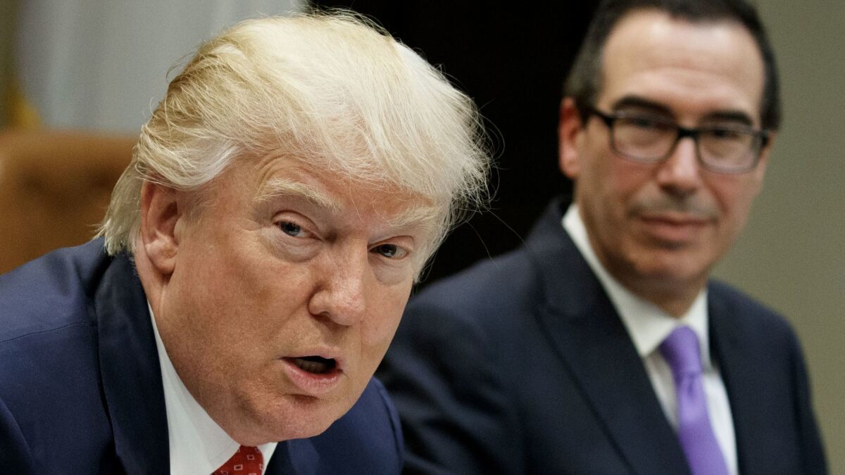 President Trump and Treasury Secretary Steven Mnuchin during a meeting on the federal budget on Feb. 22.