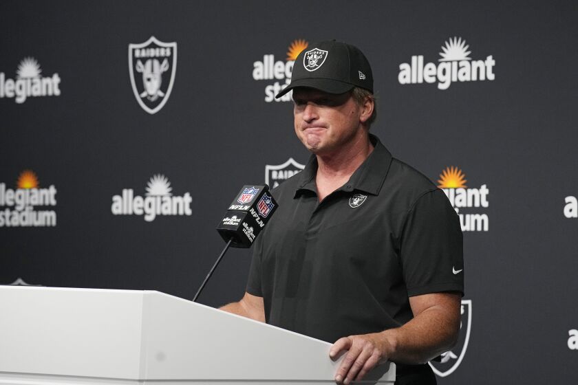 Las Vegas Raiders head coach Jon Gruden speaks during a news conference after an NFL football game against the Chicago Bears, Sunday, Oct. 10, 2021, in Las Vegas. (AP Photo/Rick Scuteri)