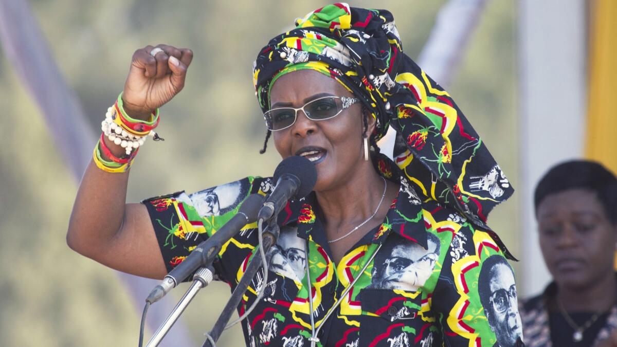 Grace Mugabe speaks at a rally in Gweru, Zimbabwe, in 2017.