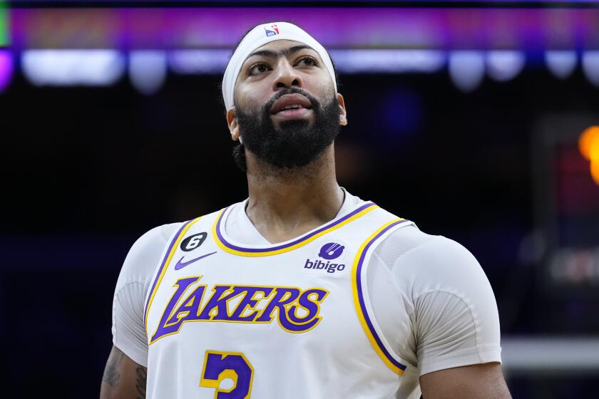 Los Angeles Lakers' Anthony Davis plays during an NBA basketball game.