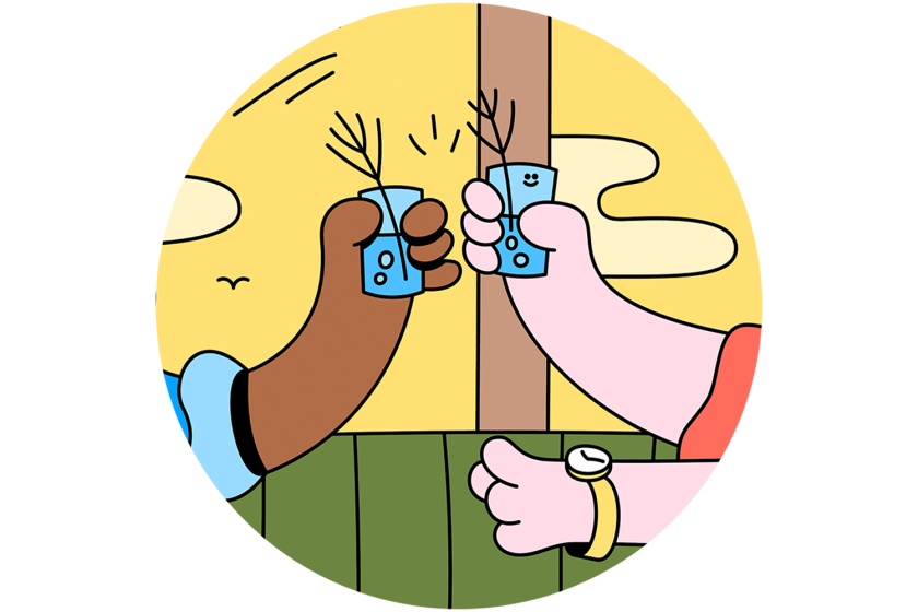 Illustration of two people raising their glasses in cheers