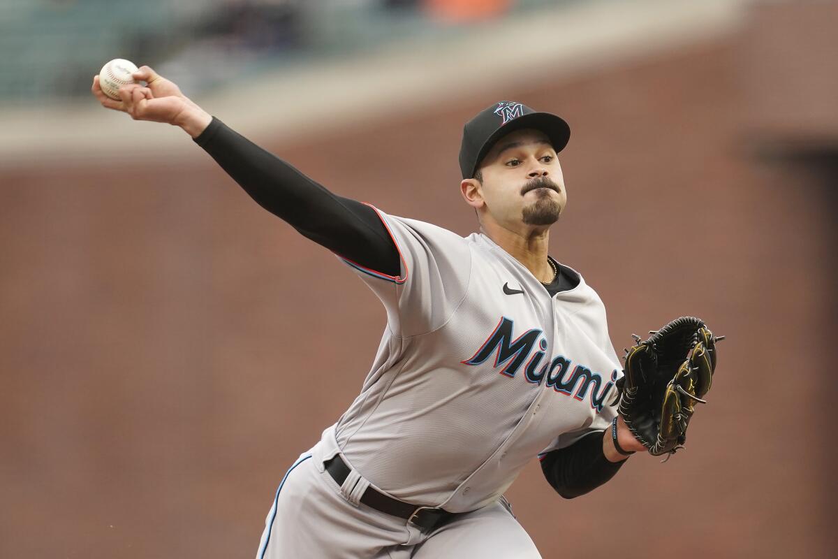 Miami Marlins starting pitcher Pablo Lopez delivers against the San Francisco Giants on April 24.