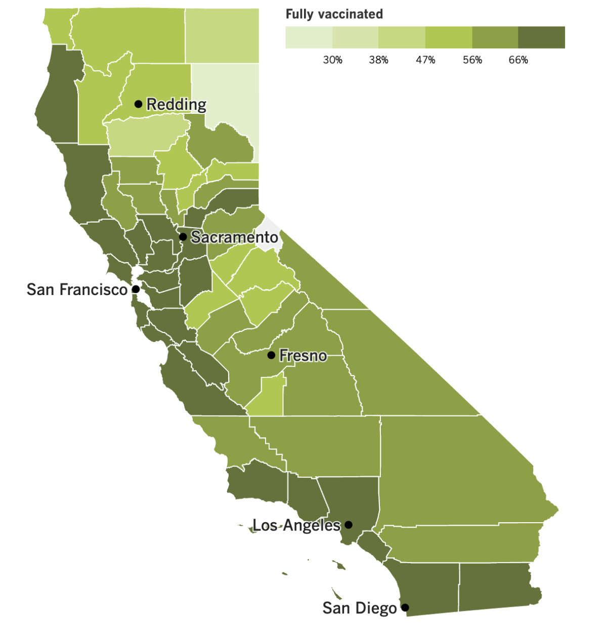 A map showing California's COVID-19 vaccination progress by county as of Feb. 21, 2023.