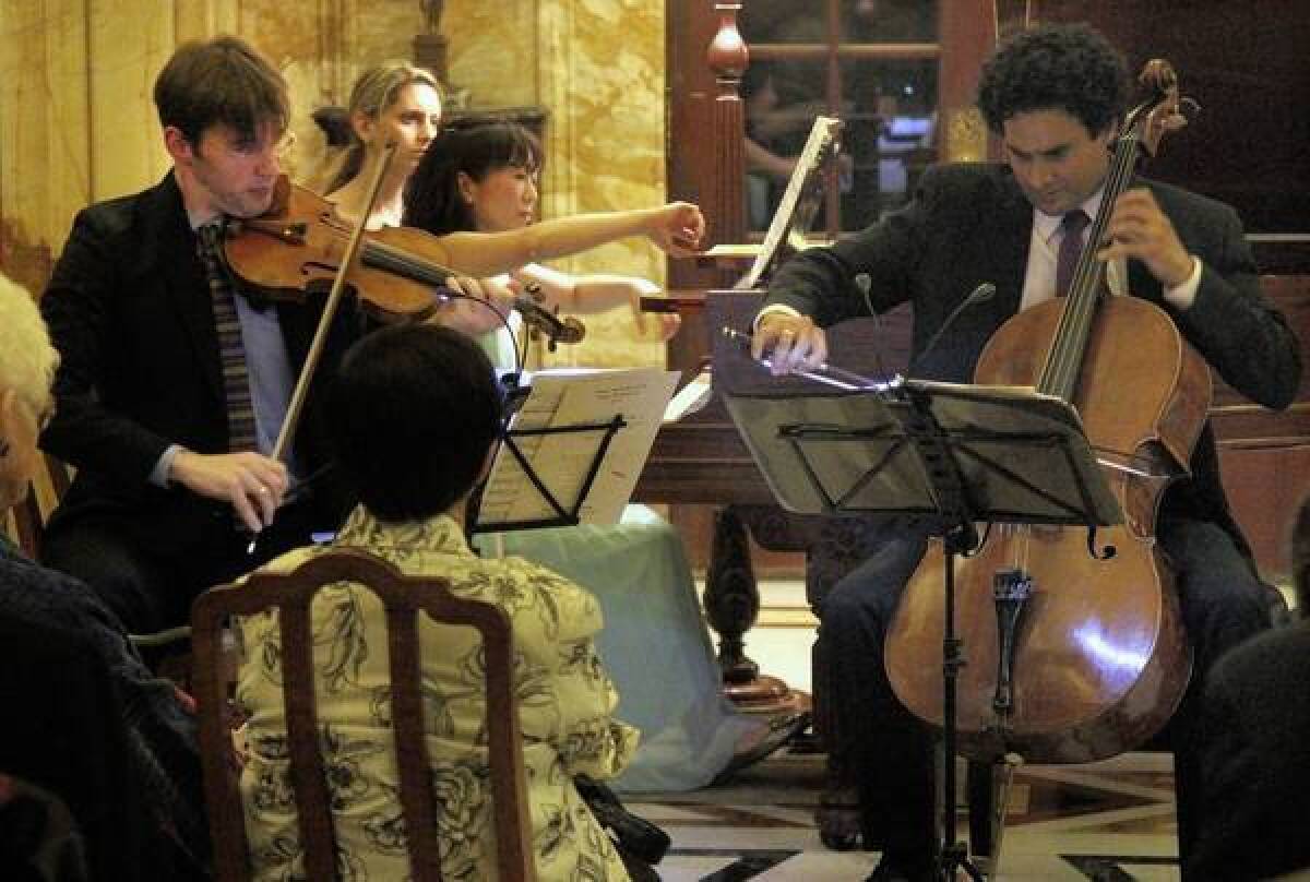 The Horszowski Piano Trio — Jesse Mills, violin, Raman Ramakrishnan, cello, and Rieko Aizawa, piano — at the Doheny Mansion in Mount St. Mary College on May 24, 2013.