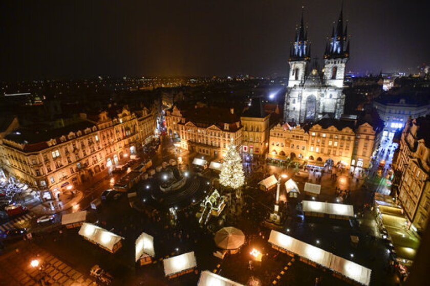 A general view of a Christmas market in Old Town Square in Prague, Czech Republic, Friday, Nov. 26, 2021. Due to the high rise in COVID-19 infections, Czech government banned Christmas markets in the whole country as of the evening of Friday Nov. 26, 2021. (Roman Vondrous/CTK via AP)
