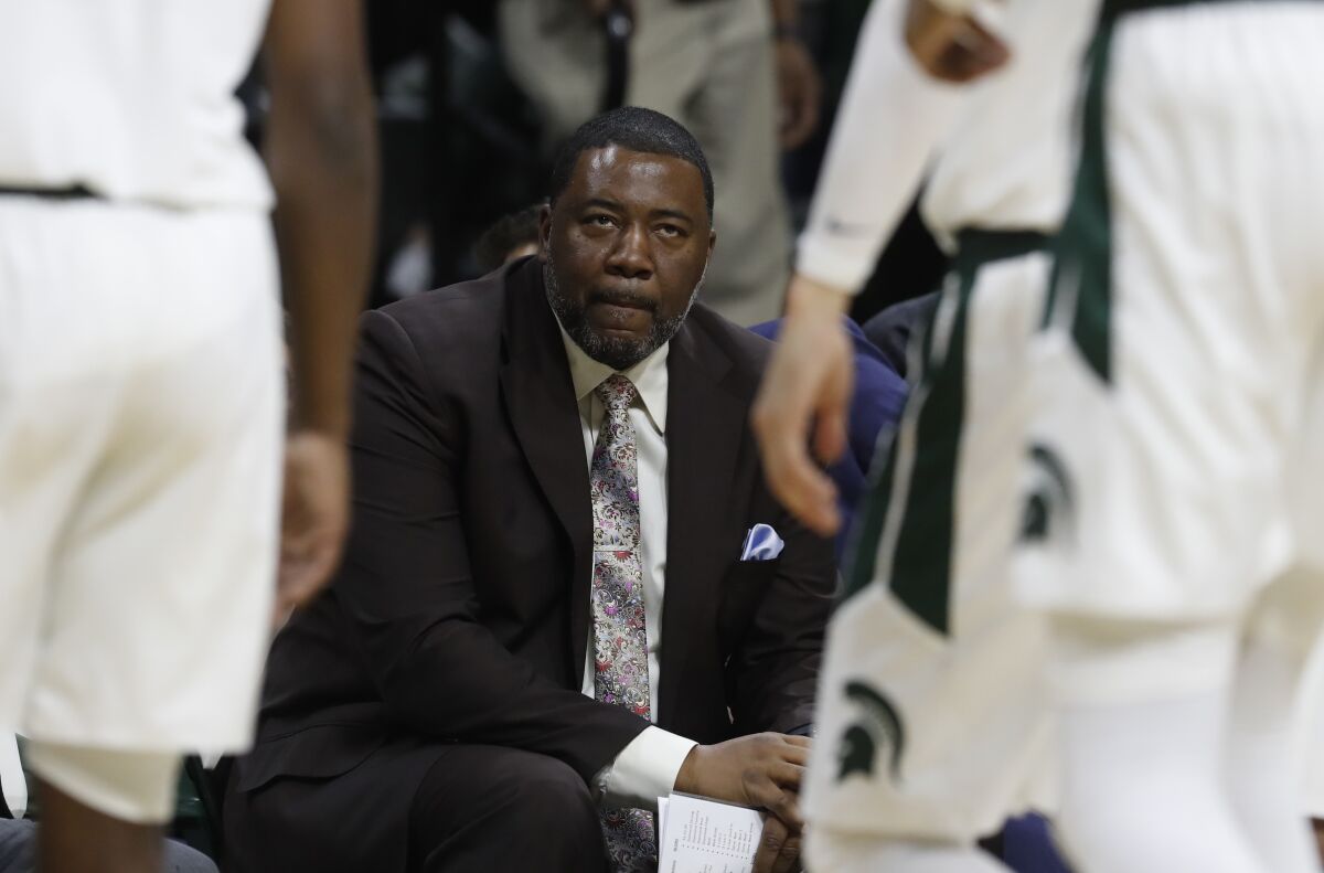 FILE - Michigan State associate head coach Dwayne Stephens watches during the first half of an NCAA college basketball game against Louisiana-Monroe, Wednesday, Nov. 14, 2018, in East Lansing, Mich. In an announcement made Monday, April 4, 2022, Western Michigan has hired longtime Michigan State assistant coach Stephens to lead its basketball program. (AP Photo/Carlos Osorio, File)