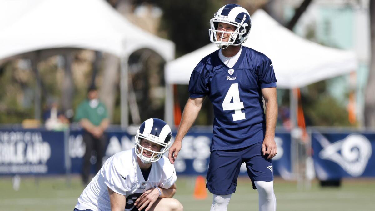 Rams kicker Greg Zuerlein (4) at the Rams training camp on the Campus of the University of California Irvine on Friday.