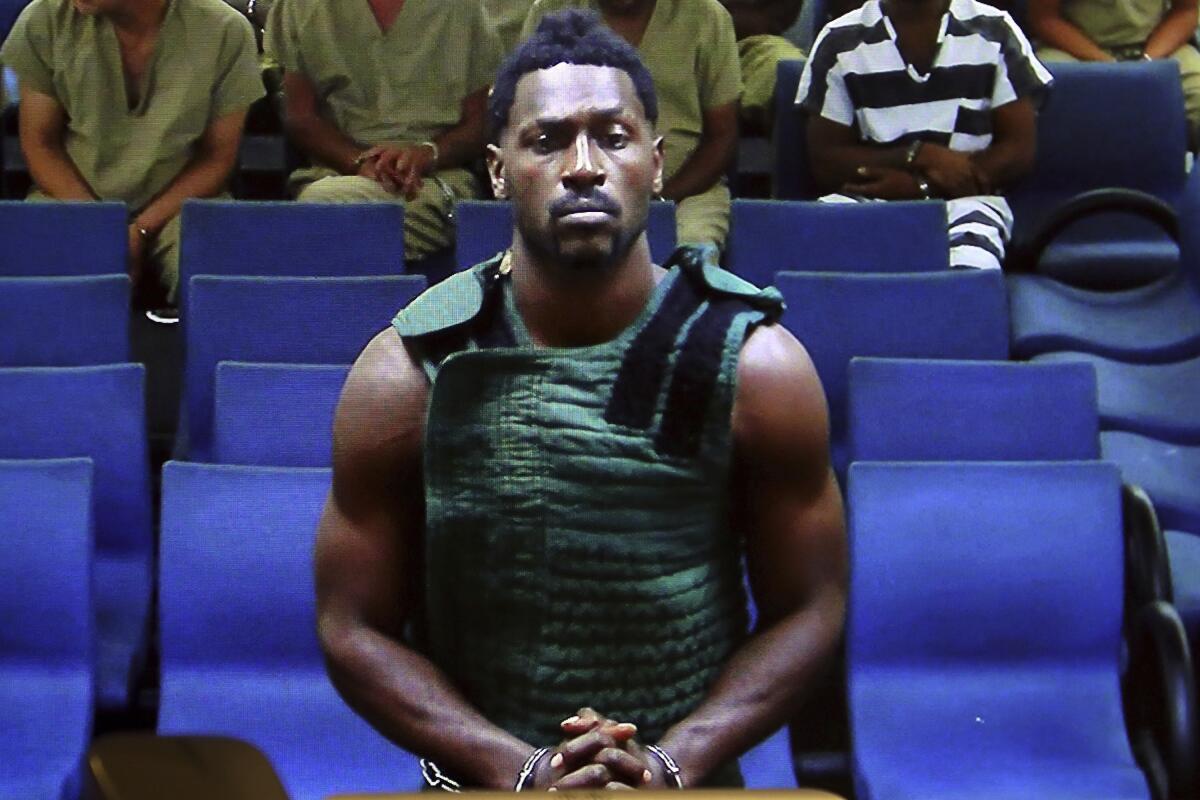 Antonio Brown appears at the Broward County Courthouse in Fort Lauderdale, Fla., via video link on Jan. 24.