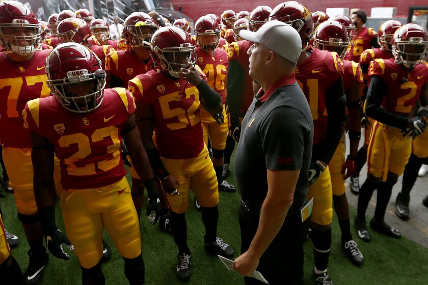 LOS ANGELES, CALIF. - OCT. 19, 2019. USC head coach Clay Helton leads his Trojans football squad.