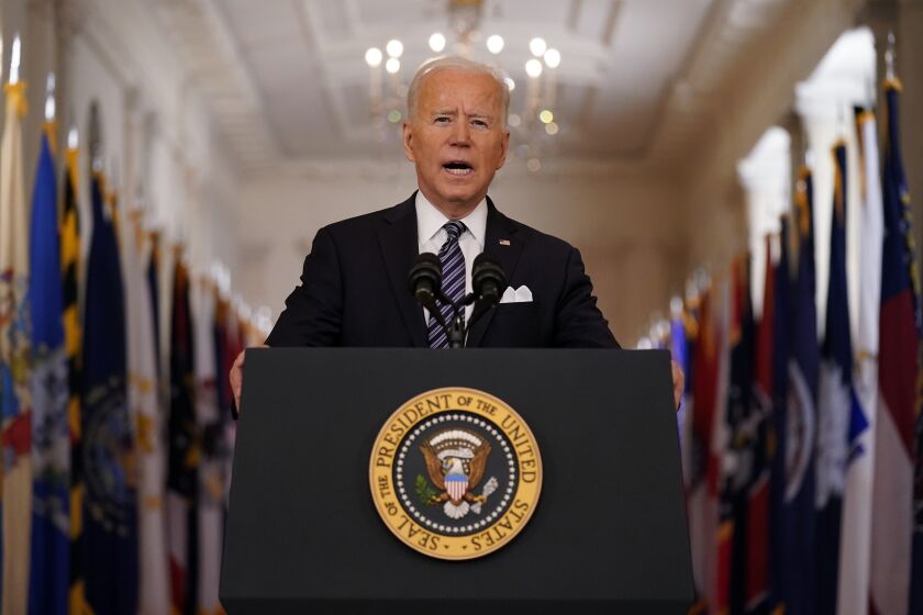 President Joe Biden speaks about the COVID-19 pandemic during a prime-time address from the East Room of the White House, Thursday, March 11, 2021, in Washington. (AP Photo/Andrew Harnik)