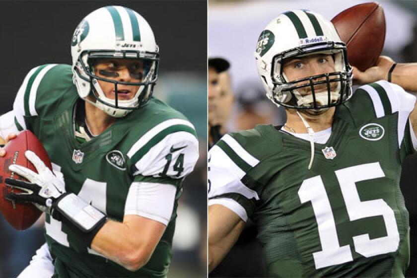 Greg McElroy, left, jumped over Tim Tebow, right, on the New York Jets' depth chart to get the starting nod this week.
