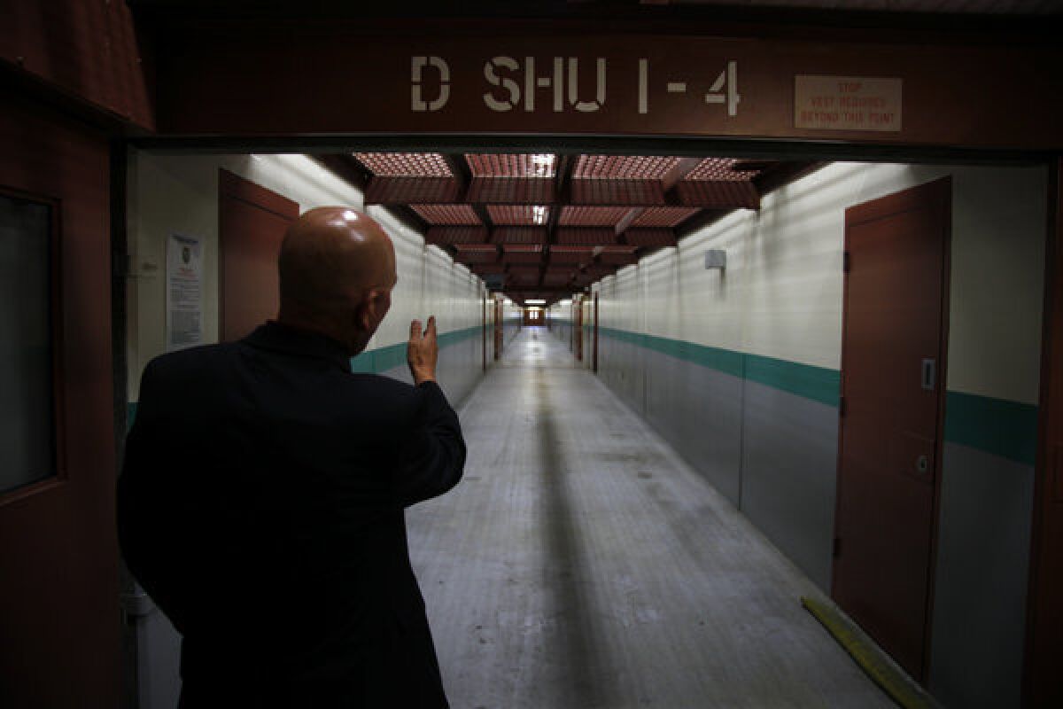 Pelican Bay State Prison public information officer Lt. Christopher Acosta guides a media tour of the Security Housing Unit, where about 1,200 inmates are held in isolation.