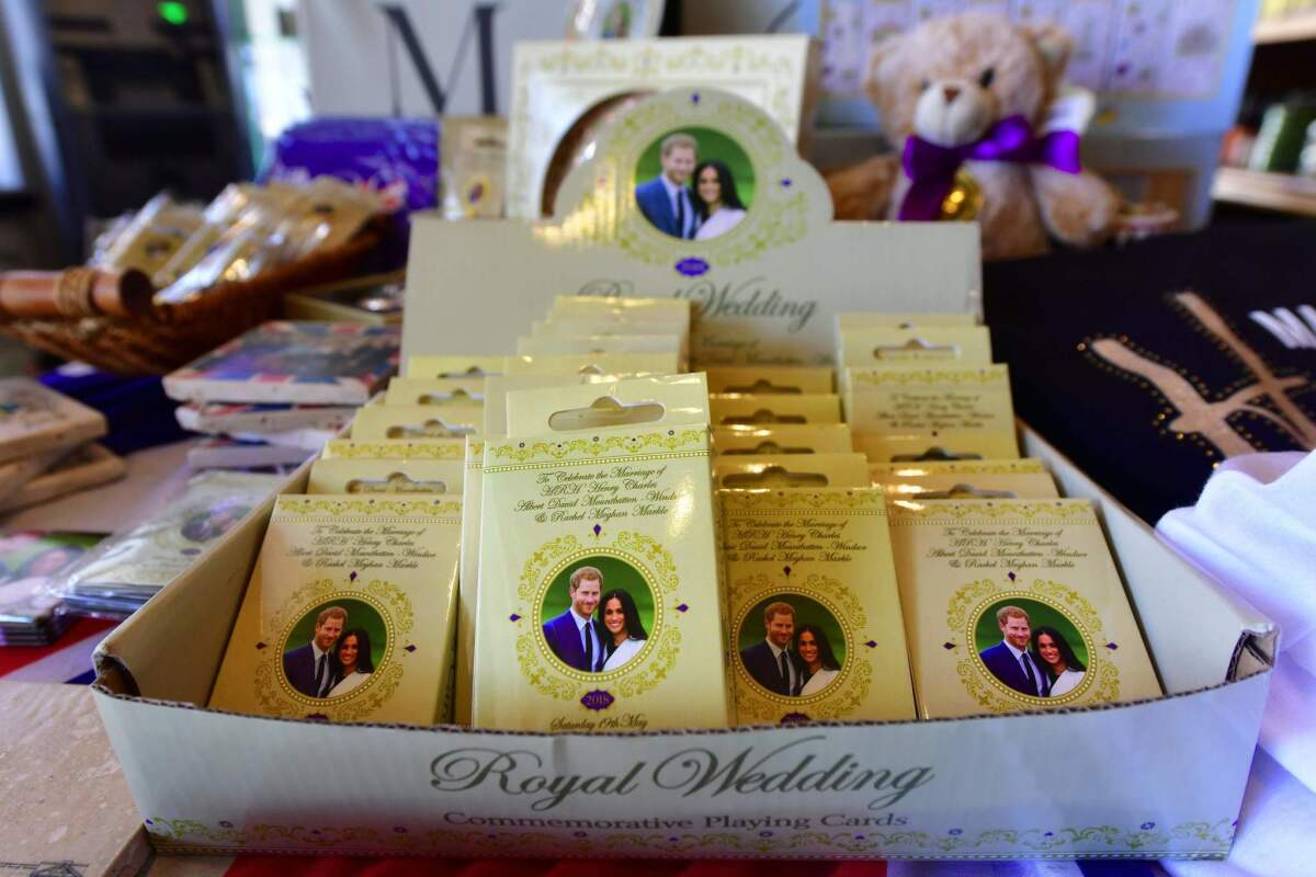 Decks of playing cards are displayed among a selection of royal wedding merchandise at Ye Olde Kings Head gift shop in Santa Monica, California on May 14, 2018, where royal wedding merchandise with pictures of Prince Harry and Meghan Markle have been selling briskly, according to store manager Dympna Madeley, originally from Luton, who moved to California 23 years ago. The couple, Harry and Meghan, are due to be married on May 19th at Windsor Castle in England. / AFP PHOTO / Frederic J. BROWNFREDERIC J. BROWN/AFP/Getty Images ** OUTS - ELSENT, FPG, CM - OUTS * NM, PH, VA if sourced by CT, LA or MoD **