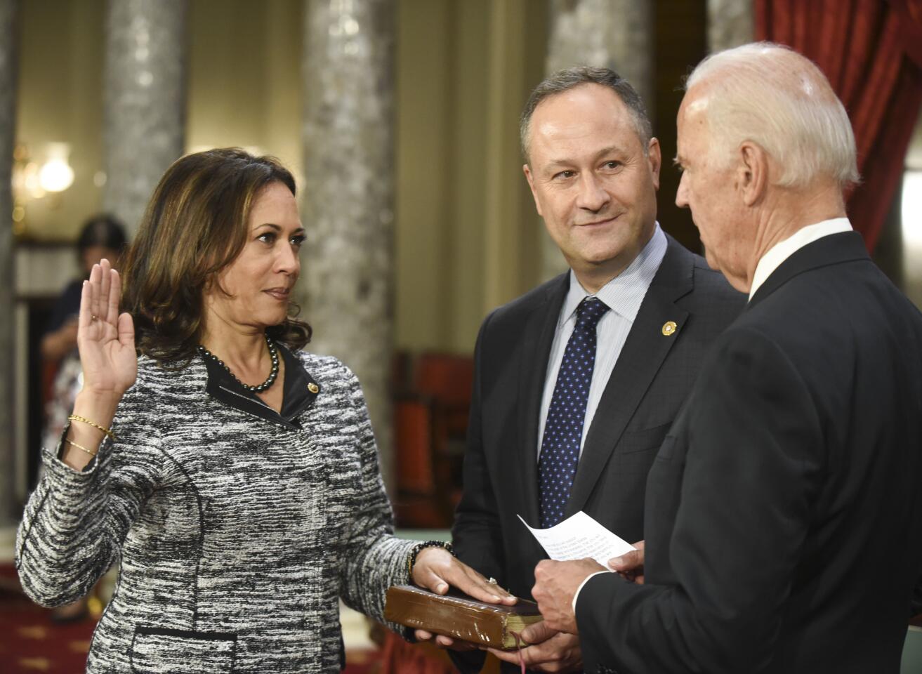 Jan. 3, 2017: Vice President Joe Biden administers the Senate oath of office to Sen. Kamala Harris during a mock ceremony.