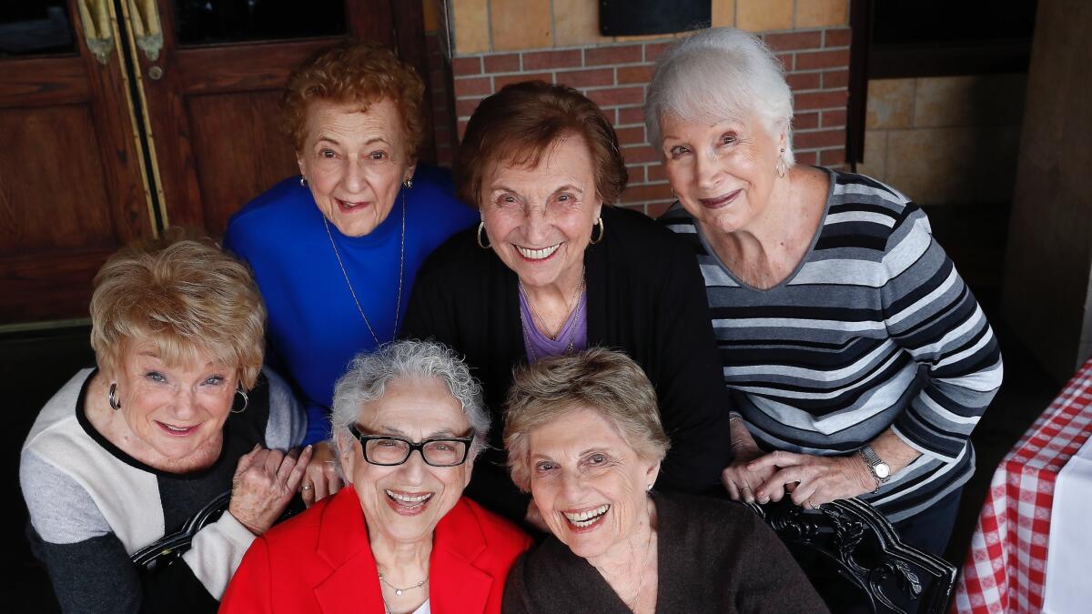 Clockwise from left: Joyce Sindel, 85; Arlene Dunaetz, 85; Armony Share, 86; Charlotte Gussin-Root, 85; Jackie Waterman, 86; and Helen Bialeck, 85, gather at Maggiano's Little Italy restaurant in Woodland Hills.