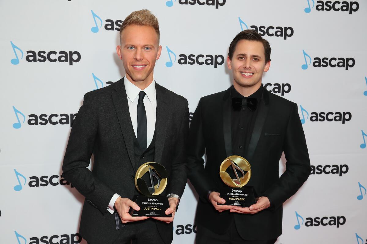 Composers Justin Paul, left, and Benj Pasek received the ASCAP Vanguard Award at the ASCAP Screen Music Awards.
