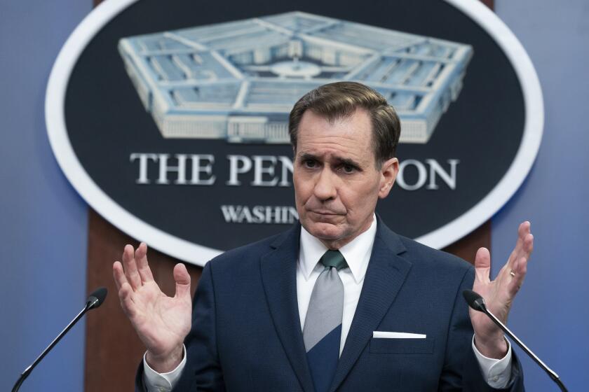 Pentagon spokesman John Kirby speaks during a media briefing at the Pentagon, Friday, Feb. 25, 2022, in Washington. (AP Photo/Alex Brandon)