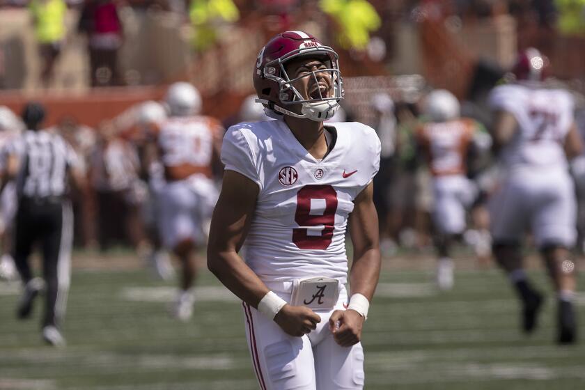 Alabama quarterback Bryce Young (9) celebrates against Texas during the first half of an NCAA college football game, Saturday, Sept. 10, 2022, in Austin, Texas. (AP Photo/Rodolfo Gonzalez)